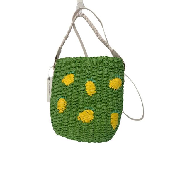 Anthropologie Raffia Green Yellow Lemon Embroidered Beachy Fruit Bucket Bag - Picture 2 of 7